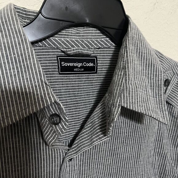 Sovereign Code Shirt Mens M Military Grey Pinstripe Button Up Collar Long Sleeve - Picture 4 of 8